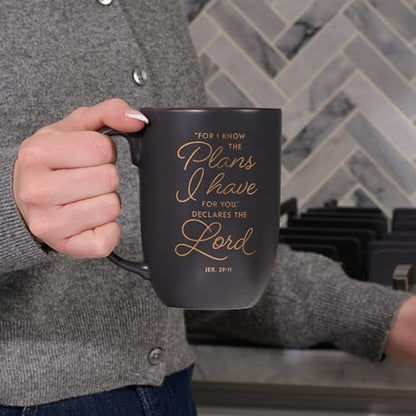 Christian Art Gifts Large Scripture Coffee Mug for Men, Women & Grads - color: Know the Plans/Charcoal & Gold