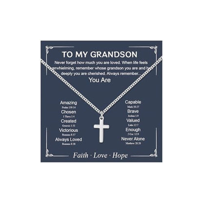 Small Cross Necklace for Boys Baptism Christmas Confirmation Valentines Easter Birthday Gifts to Teens Son Grandson Nephew - color: silver, style: Grandson