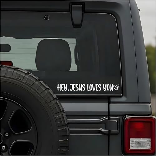 (2PCS) Hey Jesus Loves You Car Decal, Christian Vinyl Decal for Cars, Window, Truck, Laptop, Wall, Bumper, Vehicle, Waterproof Religious Decal - Christian Gifts for Men and Women - Size 8'' x 1''