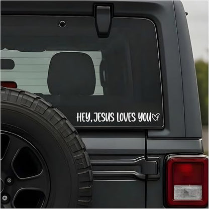(2PCS) Hey Jesus Loves You Car Decal, Christian Vinyl Decal for Cars, Window, Truck, Laptop, Wall, Bumper, Vehicle, Waterproof Religious Decal - Christian Gifts for Men and Women - Size 8'' x 1''