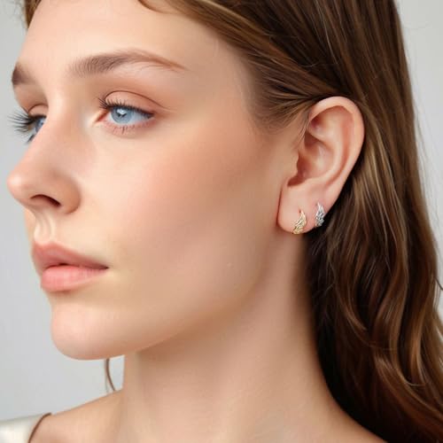 Turquoise Cross Hoop Earrings for Women 14K Gold Plated Infinity Angel Feather Pearl Turquoise Cross Star Hypoallergenic Post Christan Everyday Huggie Jewelry Gift - color: Silver Gold Wings