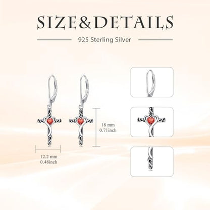TOUPOP Cross Birthstone Earrings 925 Sterling Silver Heart Cross Dangle Earrings Fine Jewelry Christmas Birthday Gifts for Women Wife Mom Her - color: White Gold-07-July-Ruby