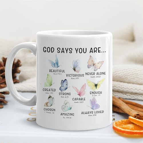 Christian Butterfly Mug, God Says You Are Bible Verse Coffee Cup Ceramic, Christian Gifts for Women, Inspirational Religious Ceramic Coffee Tea Mug 11 oz