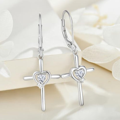 Cross Earrings 925 Sterling Silver Opal Crucifix Dangle Drop Earring Heart Birthstone Religious Jewelry for Women - color: 04-diamond-Apr
