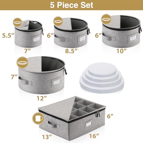 Stack Store Plus More China Storage Set for Plates, Cups and Mugs - 5 pc set - Hard Shell and Stackable, Fully Padded Interior, 48 Plate Dividers Included - style: Cup + Plate Storage