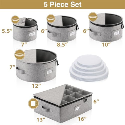 Stack Store Plus More China Storage Set for Plates, Cups and Mugs - 5 pc set - Hard Shell and Stackable, Fully Padded Interior, 48 Plate Dividers Included - style: Cup + Plate Storage