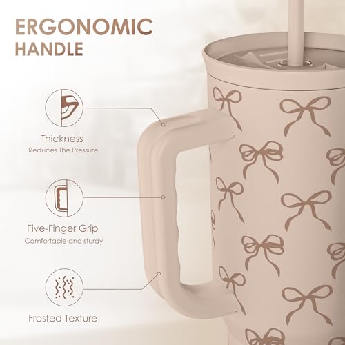 SANDJEST Bow Tumbler with Handle and Straw 40oz – Stainless Sleel Slider Tumbler Travel Coffee Mug for Women - Gift Idea for Birthday Christmas - color: Bow 1