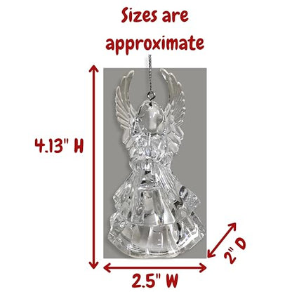 Lighted Acrylic Angel Christmas Ornaments Set of 4, Clear LED Angel Figurines with Reading Book, Horn, Harp & Praying Designs, 4.25 Inch Hanging Angel Tree Decorations, Religious Holiday Décor