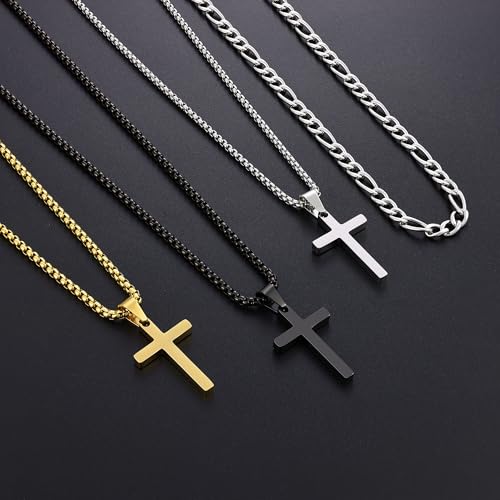 Fiusem 2 Pcs Cross Necklace Chain for Men, Stainless Steel Pendant - color: Gold, size: 16/18 Inches