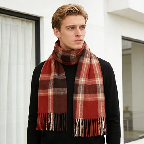 Fall Winter Plaid Scarf for Women Soft Tassel Scarves Oversized Shawl Wraps - color: Coffee-red-plaid