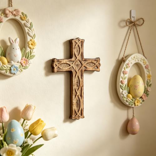 Hosley Hand-Carved Wooden Cross – 8 Inch Rustic Faith Wall Decor | Christian Gift, Prayer Room, Home Blessing, Wedding & Baptism Keepsake - size: 8"L x 4.8"W