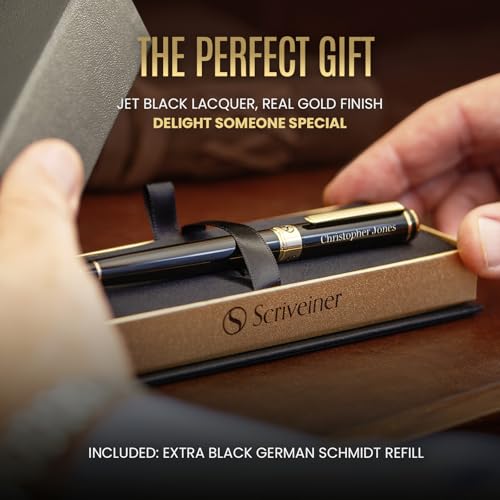 Scriveiner Personalized Black Rollerball Pen - Stunning Luxury Pen, Jet Black Lacquer & Real Gold Plating, Schmidt Ink Refill, Best Engraved Roller Ball Gift for Men & Women, Custom Name Engraving - color: Black with Gold (Personalized)