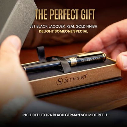 Scriveiner Personalized Black Rollerball Pen - Stunning Luxury Pen, Jet Black Lacquer & Real Gold Plating, Schmidt Ink Refill, Best Engraved Roller Ball Gift for Men & Women, Custom Name Engraving - color: Black with Gold (Personalized)