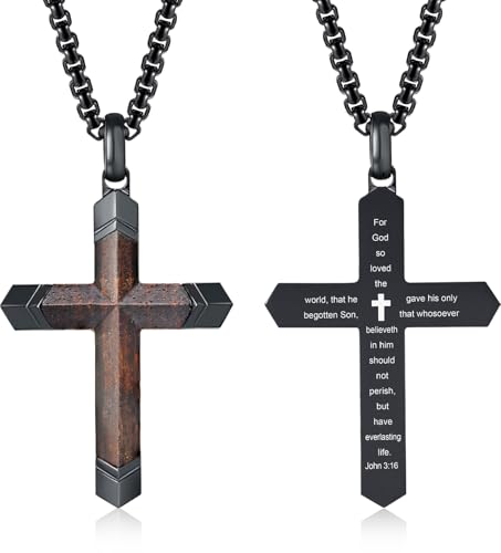 FLHEART Wooden Cross Bible Verse Necklace for Men, Hawaiian Handmade Real Black Ebony Wood Cross Pendant Stainless Steel Chain, Mens Cross Necklaces Koa Wood Jewelry Christian Baptism Easter Gifts - style: John 3:16 - 1pc