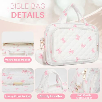 Bible Cover Case for Women Bible Study Supplies Church Camp Essentials Christian Gifts for Women Journaling Kit Quilted Large Bible Book Sleeve (Pink Bow, Large) - color: Pink Bow