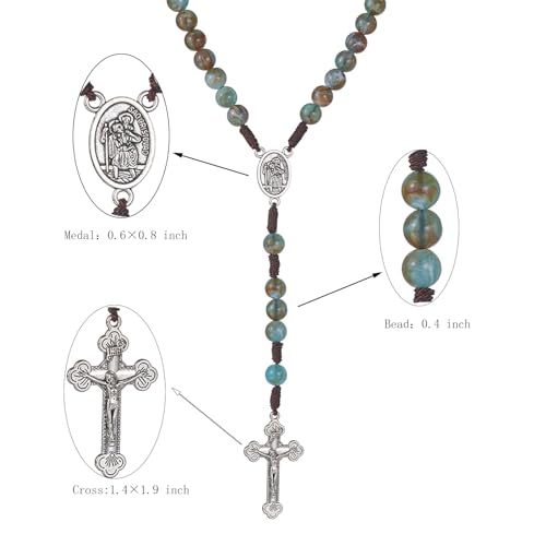 10mm Brown Beads Catholic Rosary Handmade Braided Rosaries with Curcifix Cross and Holy Mary Medal Amulet Rosary Beads Necklace for Women Men - color: Blue