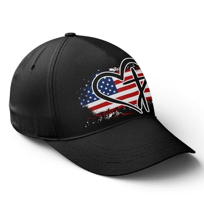 American Flag Christian Trucker Hat for Men Women, Adjustable Snapback Baseball Cap USA Pride Hat Religious Gifts - color: Black Red White Heart