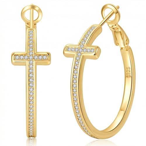 PABBEU 925 Sterling Silver Cross Hoop Earrings for Women Hypoallergenic - color: 40mm gold