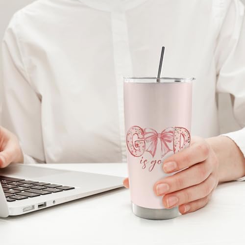 Christian God is Good Pink Bow Cross 20oz Travel Coffee Mug Tumbler, Christian Easter Tumbler Gifts for Women Kids, Preppy Stuff, Pink Preppy Water Stainless Steel Tumbler with Lid and Straw - color: bow