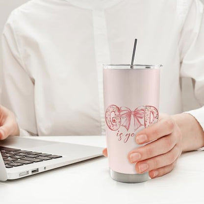 Christian God is Good Pink Bow Cross 20oz Travel Coffee Mug Tumbler, Christian Easter Tumbler Gifts for Women Kids, Preppy Stuff, Pink Preppy Water Stainless Steel Tumbler with Lid and Straw - color: bow