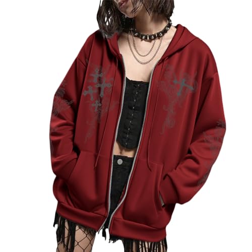 Zip Up Hoodies Y2k Jacket Graphic Gothic Jackets Grunge Cross Hoodie Baggy Streetwear Emo Sweater Aesthetic Clothes - color: Wine Red, size: Large