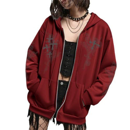 Zip Up Hoodies Y2k Jacket Graphic Gothic Jackets Grunge Cross Hoodie Baggy Streetwear Emo Sweater Aesthetic Clothes - color: Wine Red, size: Large