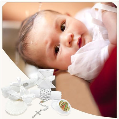 Baptism Candle Set for Boys Girls,White 5 PCS Baptism Kit Virgen De Guadalupe Catholic Candle,Baptismal Towel,Baptismal Shell,Rosary,Bible for Baby Dedication Christening Gift,Velas para Bautizo Niño