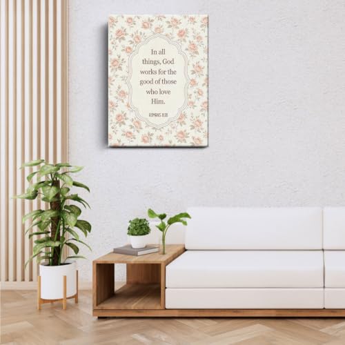 BEASTZHENG Romans Pink Rose Floral Canvas Wall Art Religious Home Accent - color: Romans 8：28