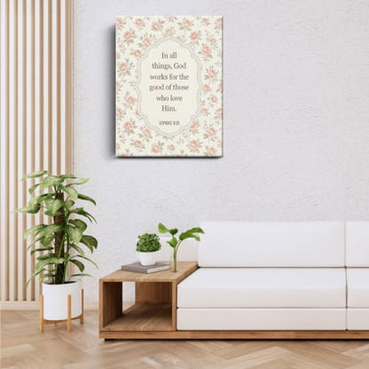 BEASTZHENG Romans Pink Rose Floral Canvas Wall Art Religious Home Accent - color: Romans 8：28