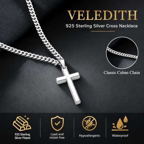 925 Sterling Silver Cross Necklaces for Mens Women CZ Beveled Edge - color: Classic small gold cross