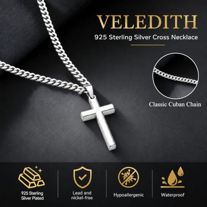 925 Sterling Silver Cross Necklaces for Mens Women CZ Beveled Edge - color: Classic small gold cross