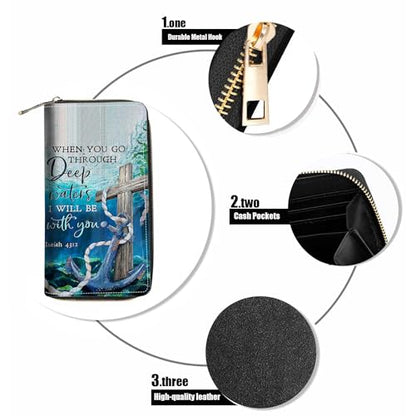 Cross and Anchor Quote Bible Verse Isaiah 43:2 Print Wallet for Women Large Capacity Wallet Credit Card Holder PU Leather Zipper Clutch Purse Phone Wallet - color: Cross and Anchor Quote Bible Verse Isaiah 43:2