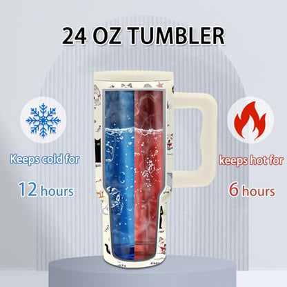 24oz Cute Cat Tumbler with Handle & Straw, Gift For Cat Lovers - color: Cat7