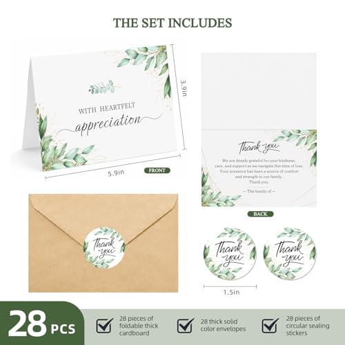 28 Pack Funeral Thank You Cards with Envelopes & Stickers, 6x8 Inches Foldable, Sympathy Bereavement Notes with Message Inside, Suitable for Memorial Services (Style 3)