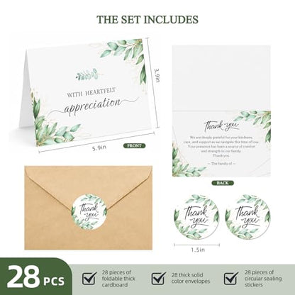 28 Pack Funeral Thank You Cards with Envelopes & Stickers, 6x8 Inches Foldable, Sympathy Bereavement Notes with Message Inside, Suitable for Memorial Services (Style 3)