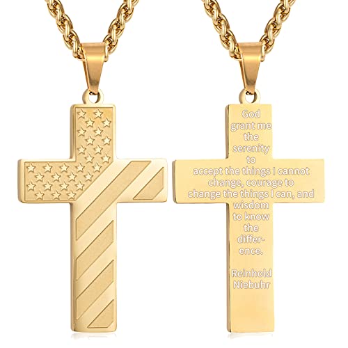 DuoDiner 18+2" Cross Necklace for Men Boys Christian Confirmation Gifts - color: Gold, style: Serenity Prayer