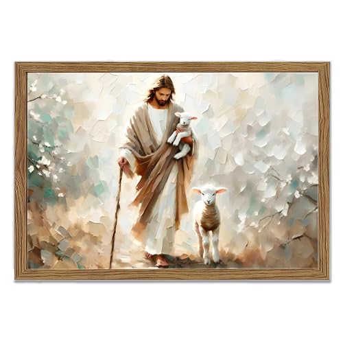 Christian Wall Art, Jesus the Good Shepherd Canvas Painting, Lost Sheep Biblical Scene, 3D Textured Sandstone Style Wood Framed Artwork for Living Room Prayer Room Bedroom 36x24 Ready to Hang - color: Jesus Finds The Lost Lamb, size: 36"L x 24"W