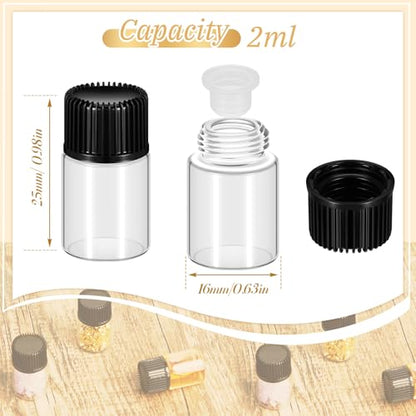 Lallisa 200 Pcs 2 ml Glass Vials with Black Screw Caps and Plastic Stoppers, 1/2 Dram Clear Small Leakproof Bottles Bulk, Mini Liquid Sample Vials for Essential Oils, Sample, DIY Craft - color: Clear with Black Cap, size: 2 ml