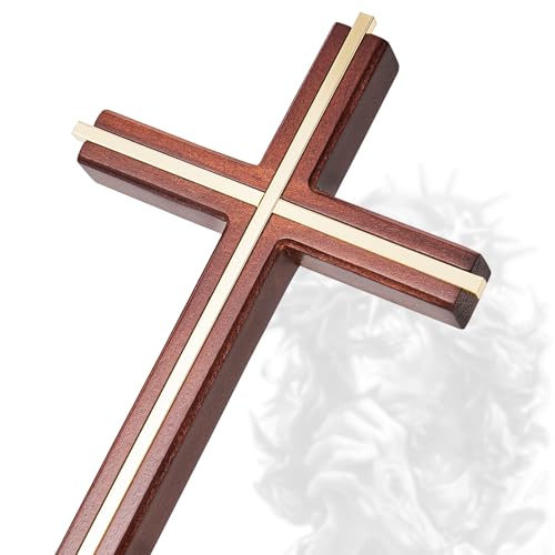 SISSIDA Wooden Cross for Wall, Handcrafted Catholic Home Decor, 10 Inch - color: Brown + Gold