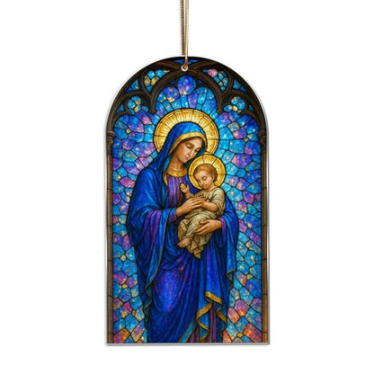 Stained Glass Nativity Ornament – Holy Family Christmas Ornament 2025, Flat Acrylic Sun Catcher, Religious Christian Tree Decoration, Catholic Gift for Mom Dad Family