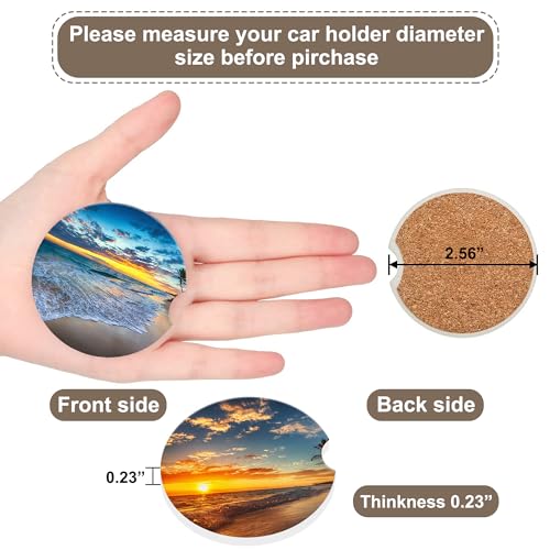 Sunrise on Tropical Beach Car Coaster for Cup Holders,Sunset Over Beach Palm Tree Car Cup Holder Coaster Ceramic Car Drink Coasters for Most Car Set of 2 Absorbent Auto Cup Holder 2.56" - color: Sunset Over Beach Palm Tree
