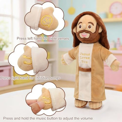 Speaking Jesus Doll - Speaks 36 Bible Verses & 10 Songs, 13” Talking Plush - color: Light Brown