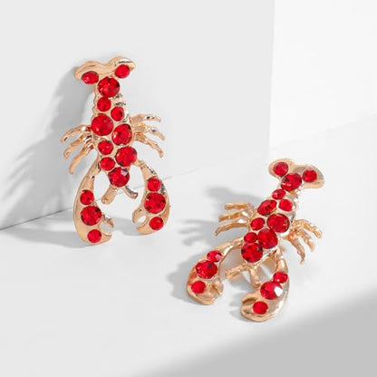 Creative Exaggerated Ocean Animal Drop Dangle Earrings for Women, Bohemia Style Alloy Lobster Octopus Fish Crab Earrings for Summer Beach Holiday Party Jewelry Gifts - style: Gold Red Rhinestone Lobster Earrings-F