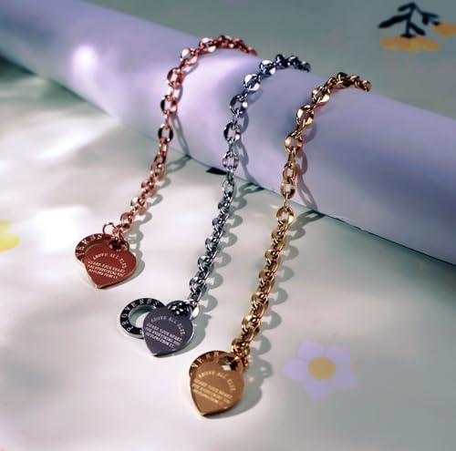 Heart Charm Bracelet Plated 18K Gold/Silver/Rose Gold Bible Scripture Heart Bracelet for Women Jewelry Gift Her Link Chain OT Clasp Stainless Steel - color: 18k Gold（8.1 inch）