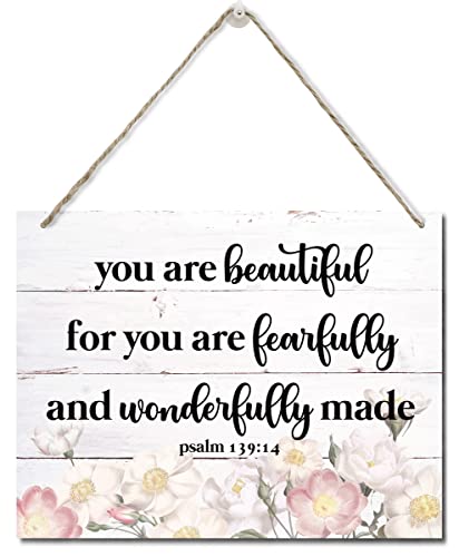 Bible Verse Printed Wood Plaque Sign Wall Hanging, Home Wall Decor You Are Fearfully & Wonderfully Made Scripture Rustic Hanging Wall Plaque Wood Signs, Psalm 139:14 Christian Sign - color: Psalm 139:14