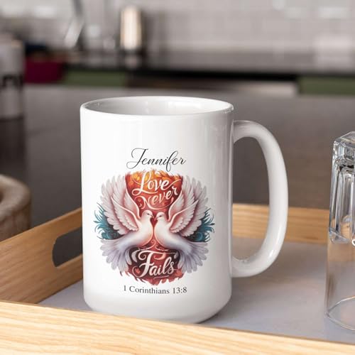 Novelty Cup Featuring Two Doves Design, Personalized Name Christian Coffee Mug, Custom Religious Ceramic Cup 11oz 15oz, Gift For Men Women, Customized Bible Verse Accent Mug, Christian Cup - color: HOA-624-2158-LOVE NEVER FAILS MUG