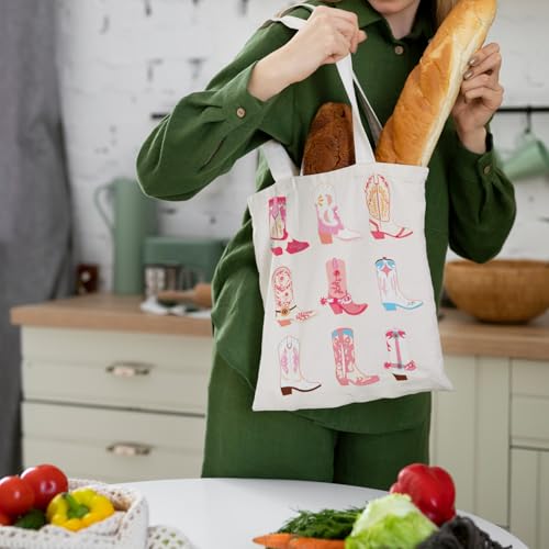 Preppy Coquette Pink Tote Bag, Trendy Shoulder Canvas Tote Bags, Durable Reusable Grocery Bag for Shopping and Travel - color: Cowboy Boots