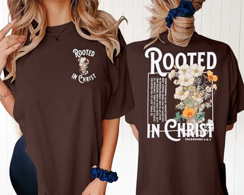 Rooted in Christ Shirt Christian Shirts for Women Jesus Oversized Tshirt - color: Brown, size: Small