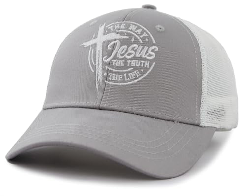 The Way The Truth The Life Trucker Hat for Men Women, Adjustable Embroidered Jesus Christian Baseball Cap - color: Grey