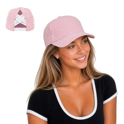 C.C Women's Criss-Cross Ponytail Trucker Hat - Snapback, One Size - color: Cotton Stripe-red